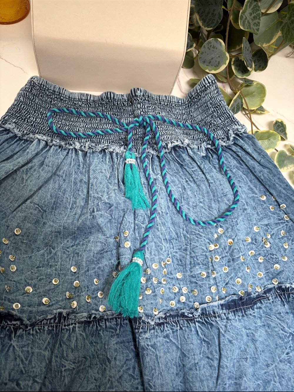 POL Bohemian Tiered Denim Maxi Length Smocked Waist Beaded Skirt - Picture 8 of 10
